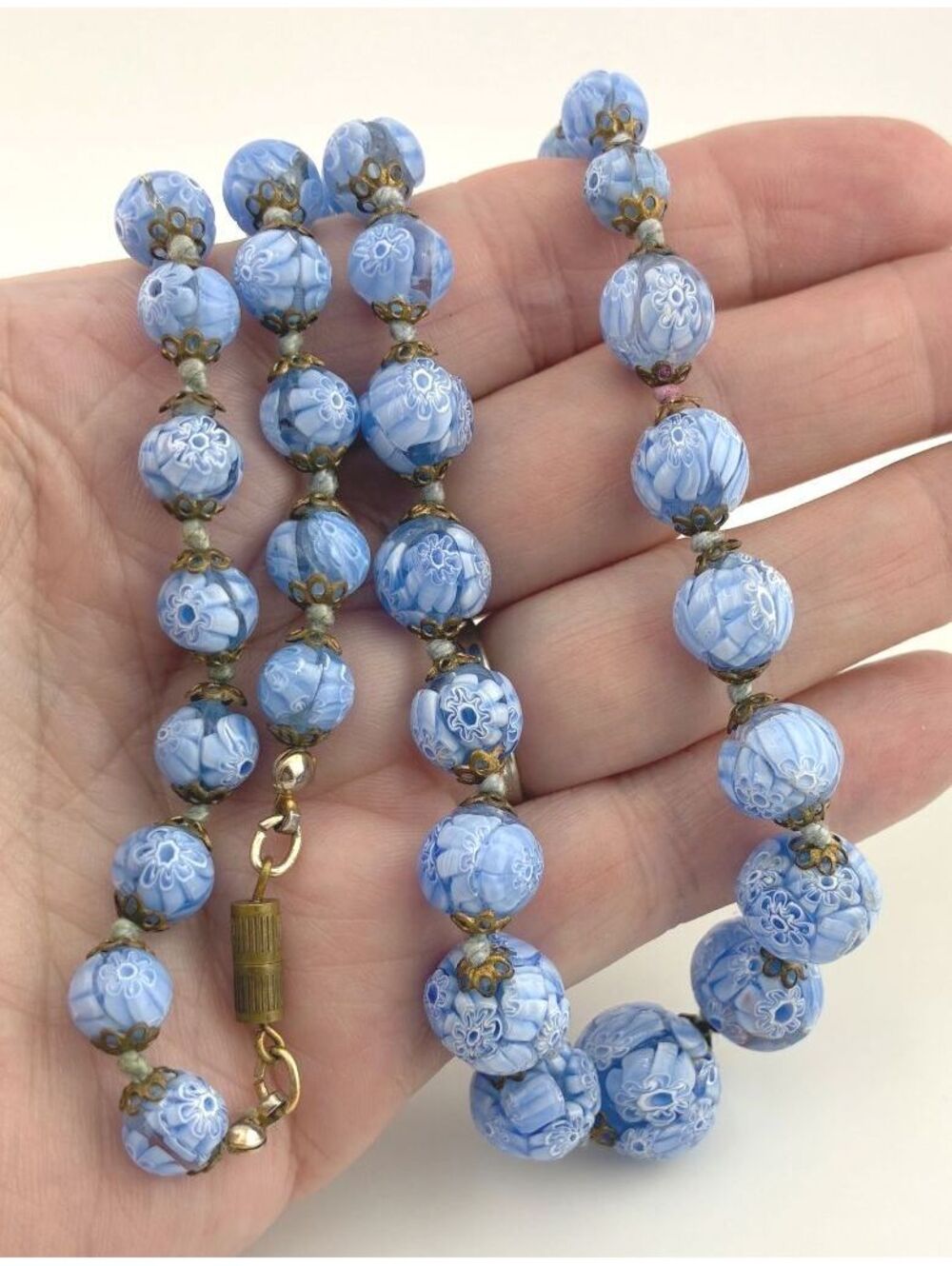 Vintage Blue Millefiori Venetian Textured Graduated Glass Bead 24" Necklace - Picture 10 of 12